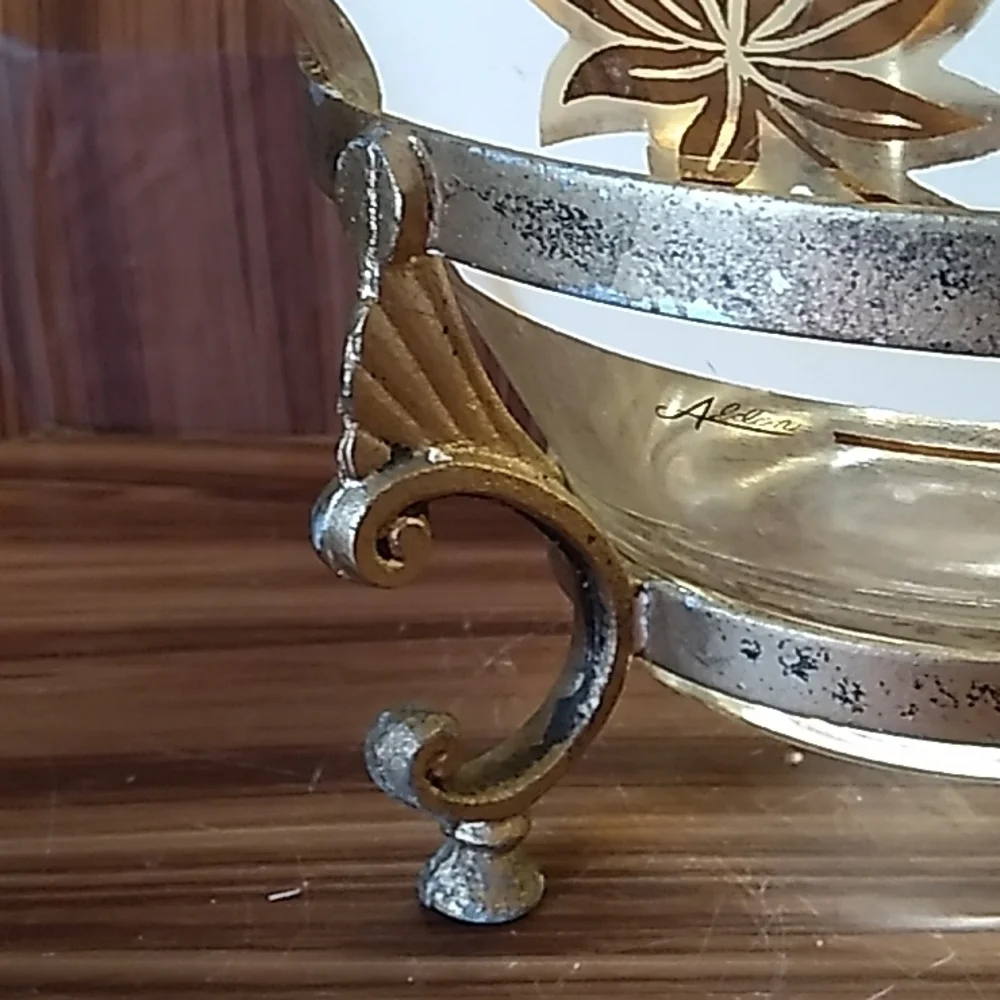 Vintage 1950s Aldon gold trim chip bowl and metal stand mcm